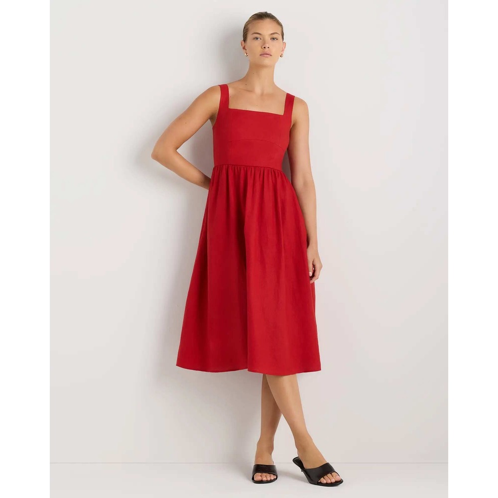 Quince European Linen Fit & Flare Midi Dress Red Size Large NWT